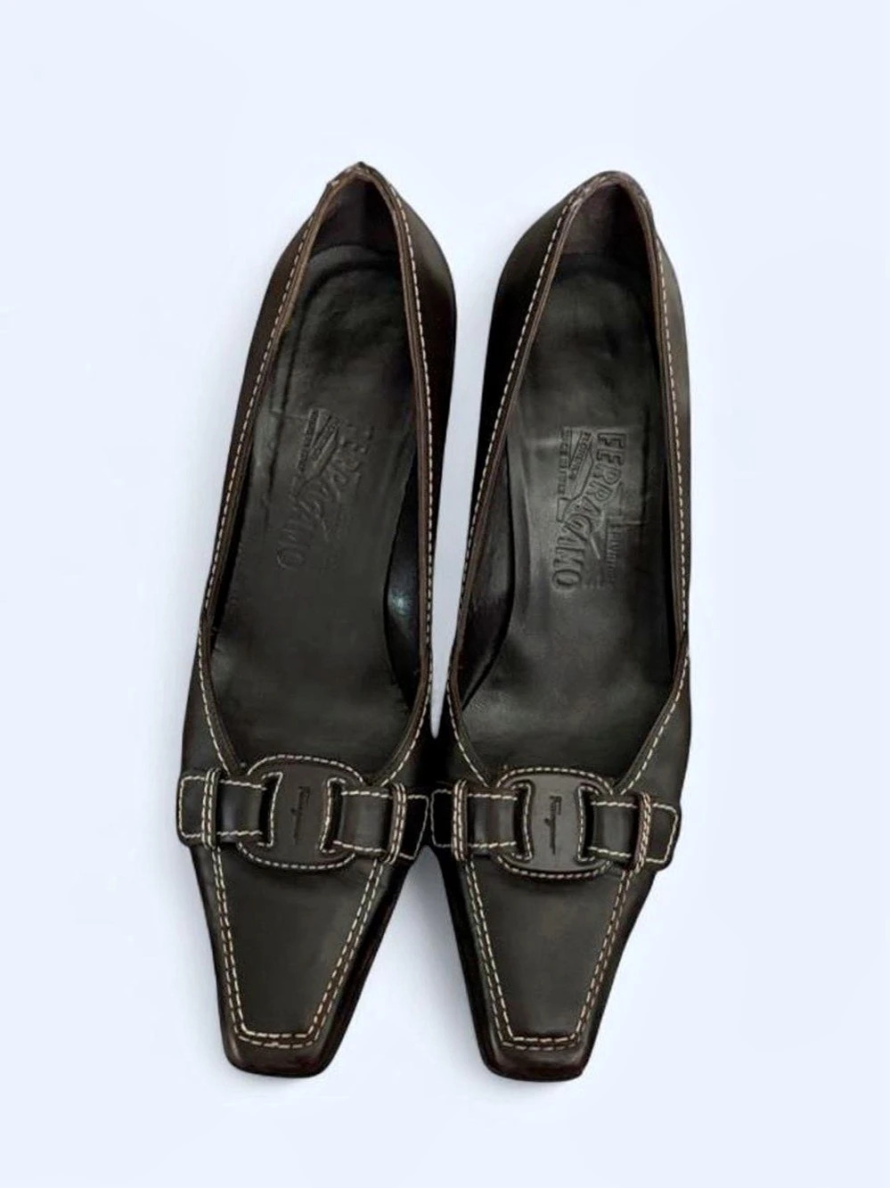 Salvatore Ferragamo Brown Leather Buckle Detail Kitten Heels